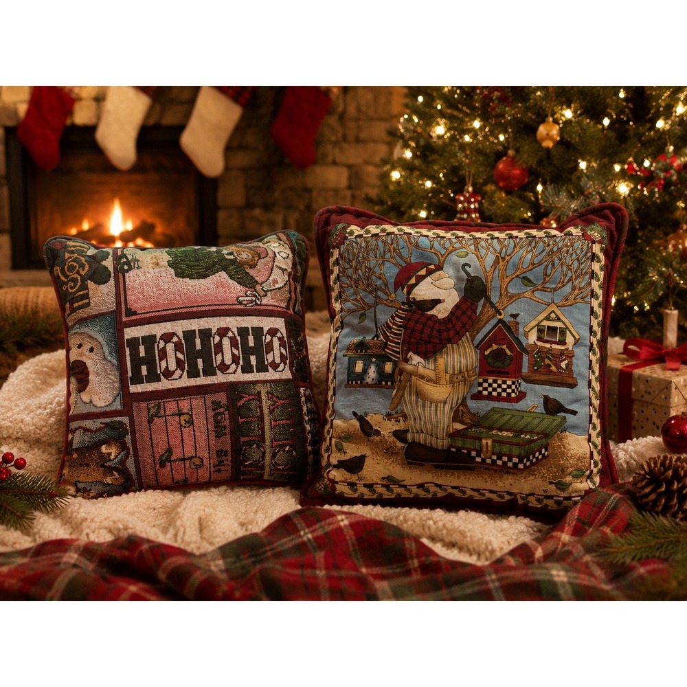 Set of 2 Christmas Decorative Throw Pillows Snowman Santa Holiday Winter Cabin